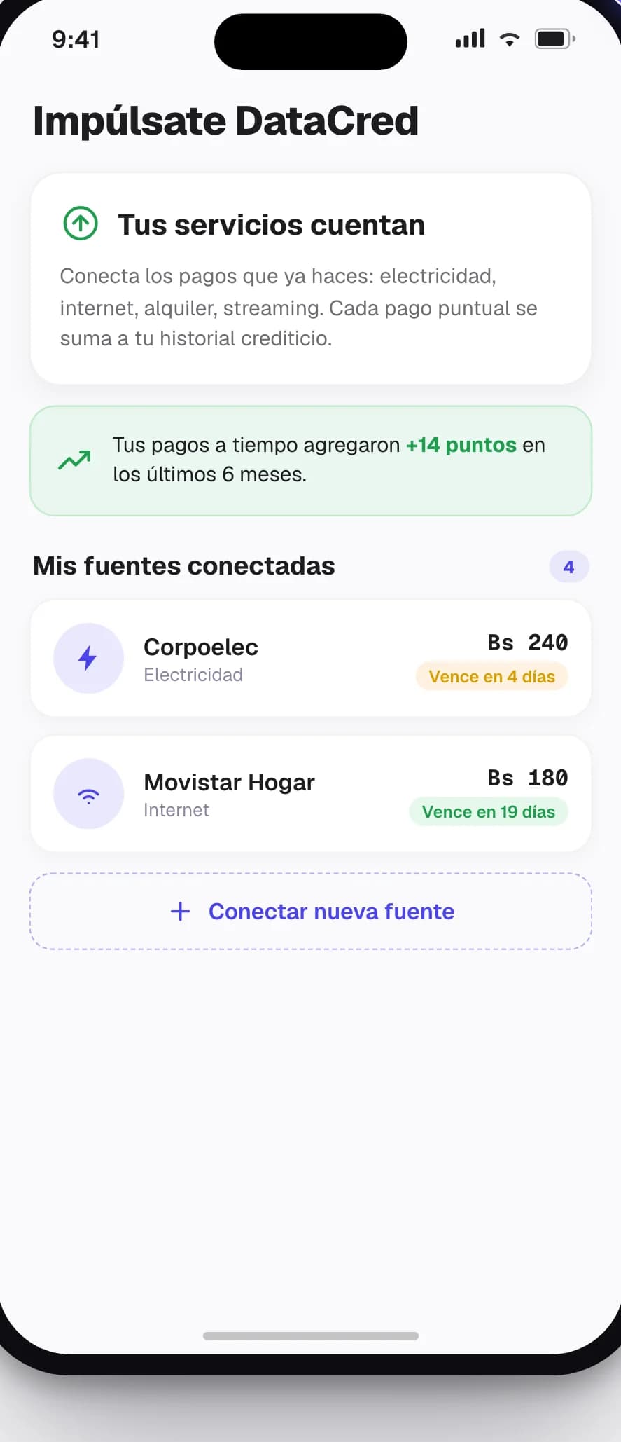 Pantalla Boost de DataCred para reportar pagos verificables
