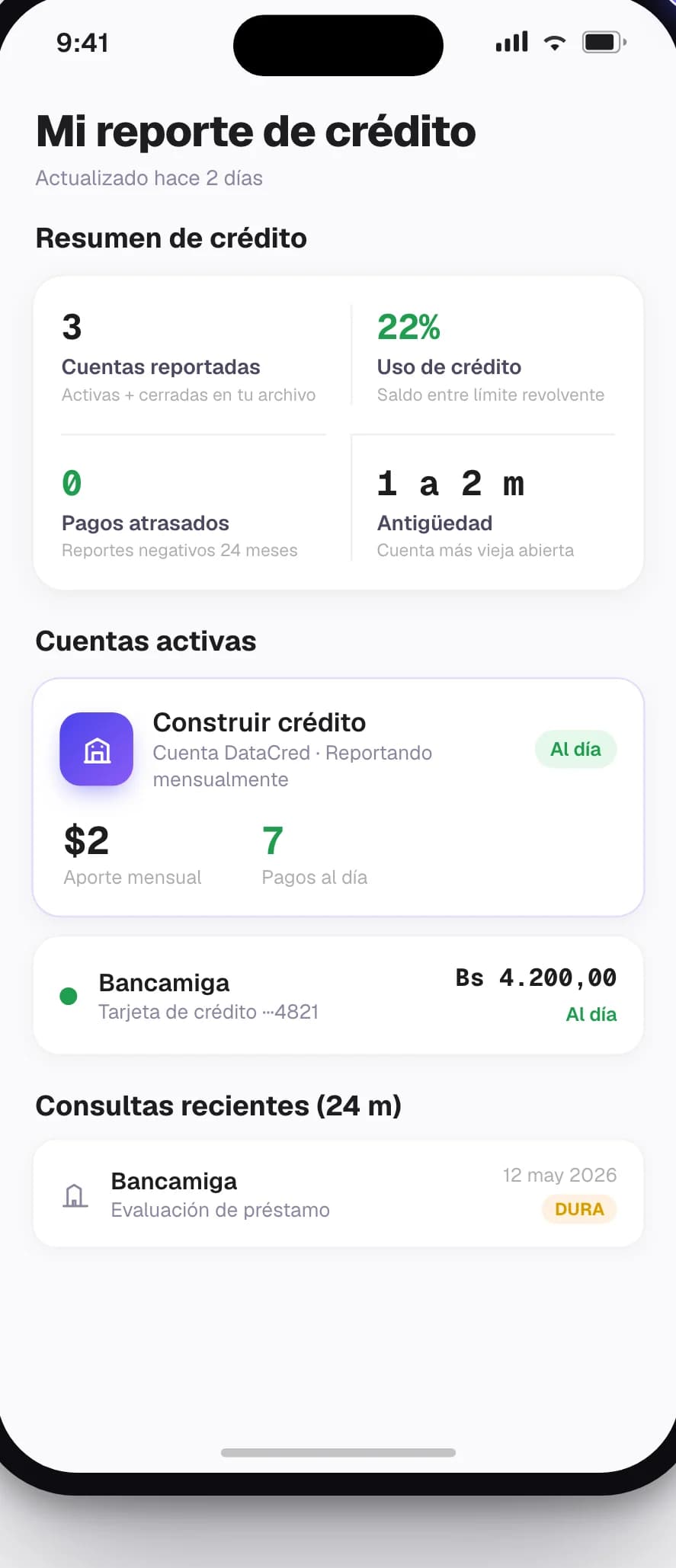 Reporte de crédito de DataCred con cuentas y consultas