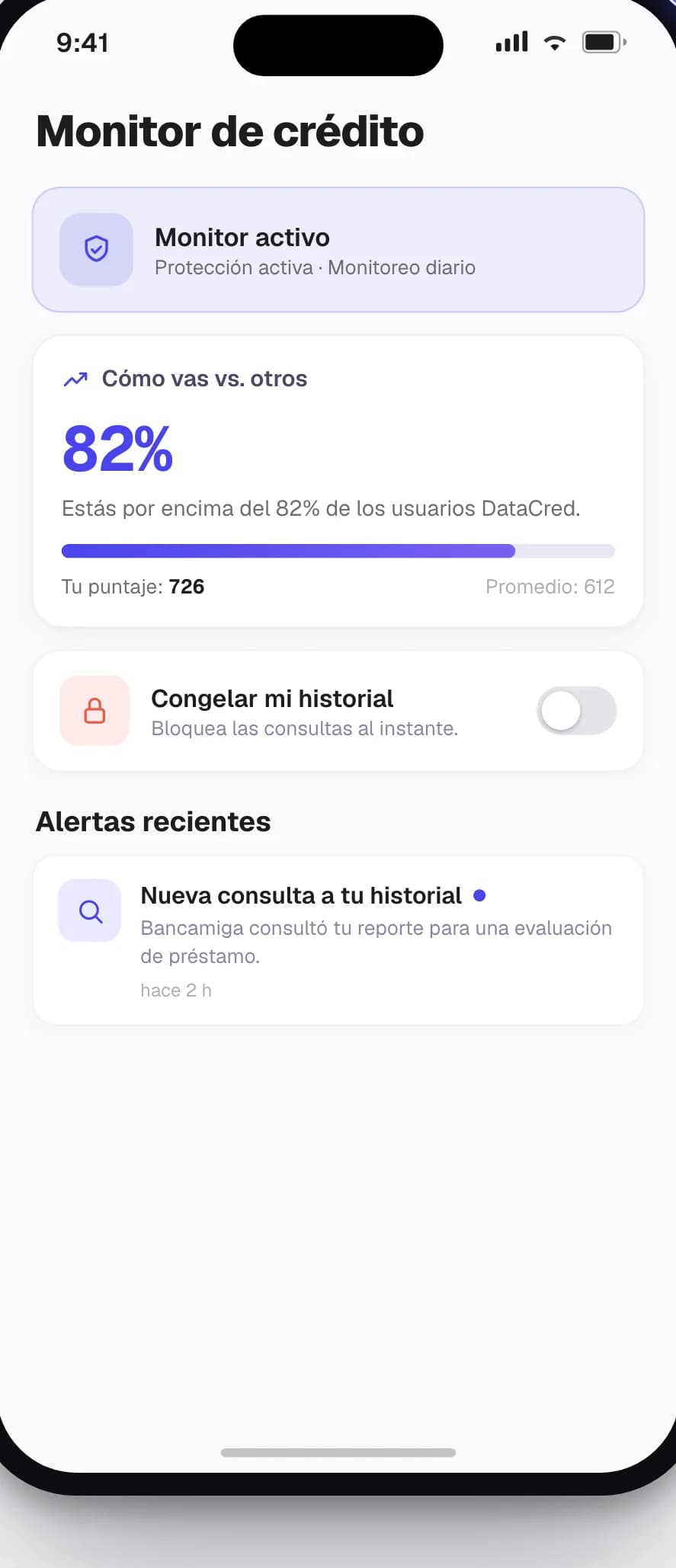Monitor de crédito de DataCred con alertas