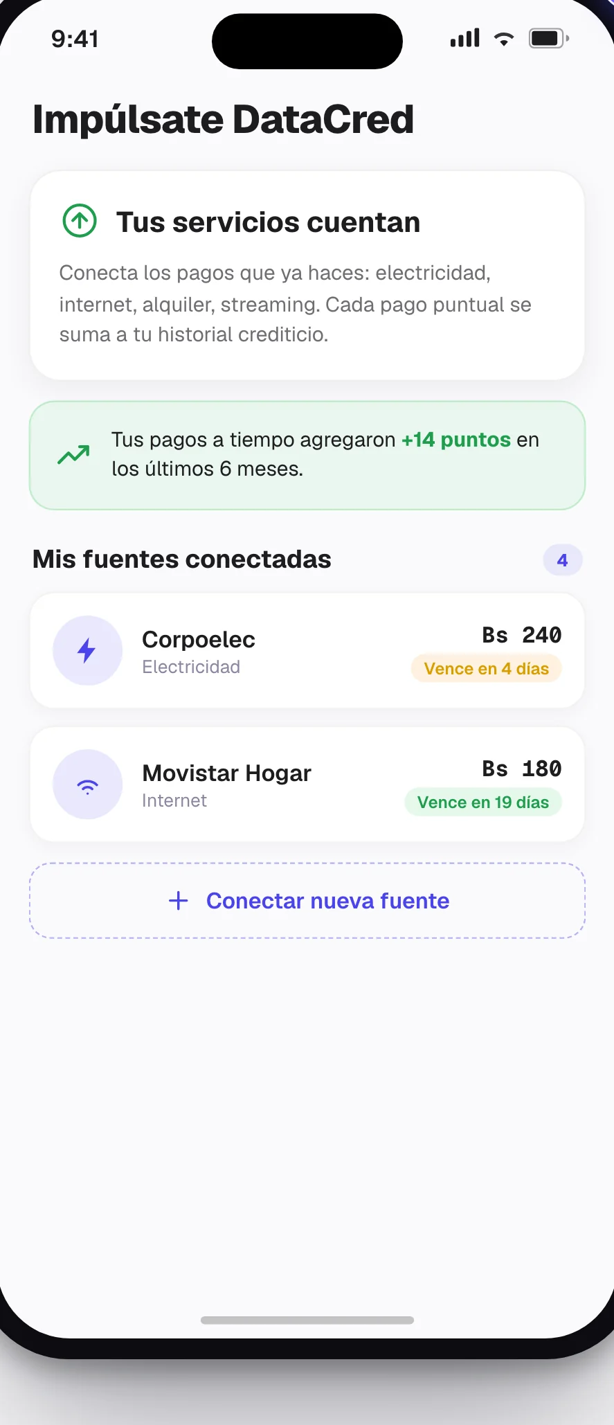 Pantalla Boost de DataCred para reportar pagos verificables