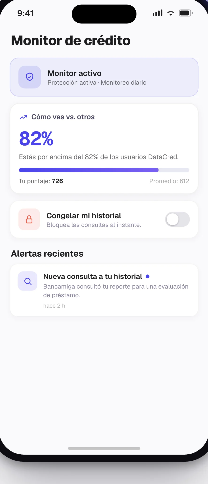 Monitor de crédito de DataCred con alertas